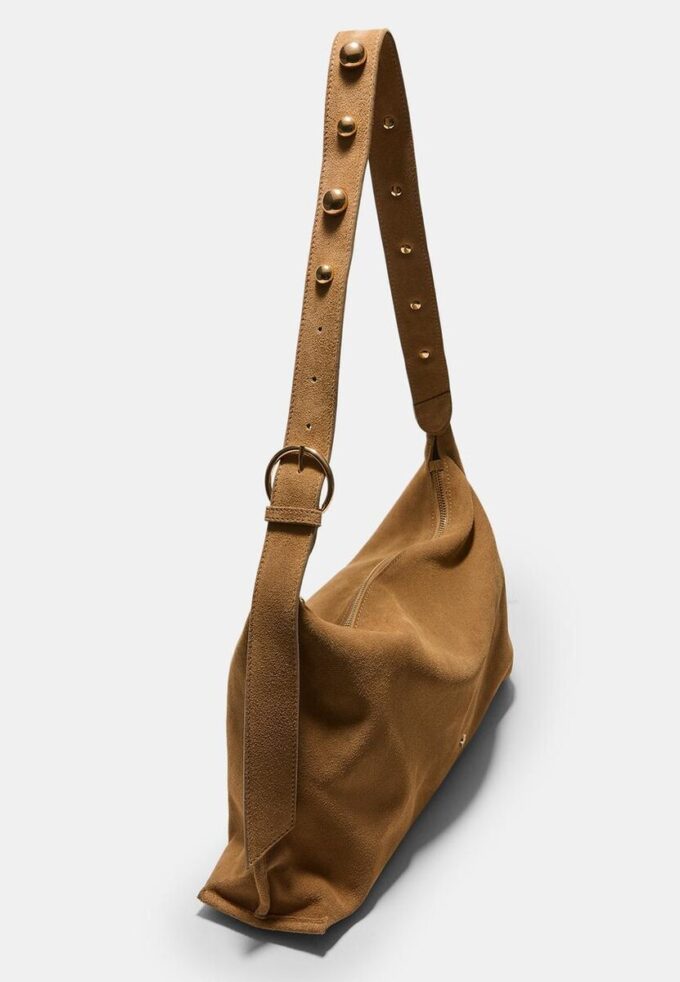 Bolso de hombro plano con tachuelas, 100 % piel Bolso de hombro plano con tachuelas, 100 % piel