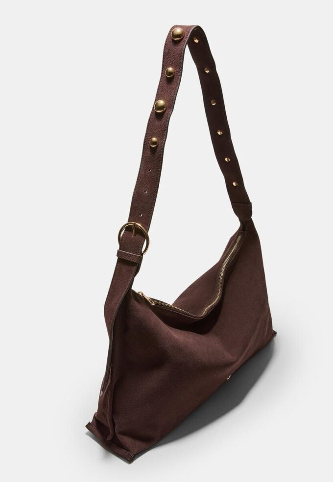 Bolso de hombro plano con tachuelas, 100 % piel Bolso de hombro plano con tachuelas, 100 % piel