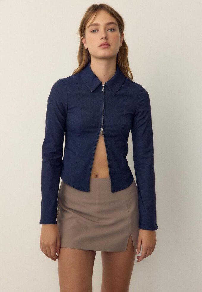 Camisas ajustadas de denim bengalina con doble cremallera Camisas ajustadas de denim bengalina con doble cremallera