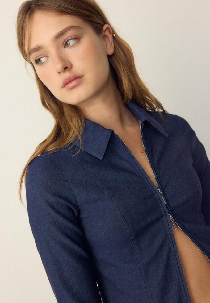 Camisas ajustadas de denim bengalina con doble cremallera Camisas ajustadas de denim bengalina con doble cremallera