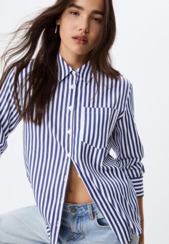 Camisas básicas de popelín a rayas con bolsillo