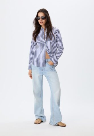 Camisas básicas de popelín a rayas con bolsillo