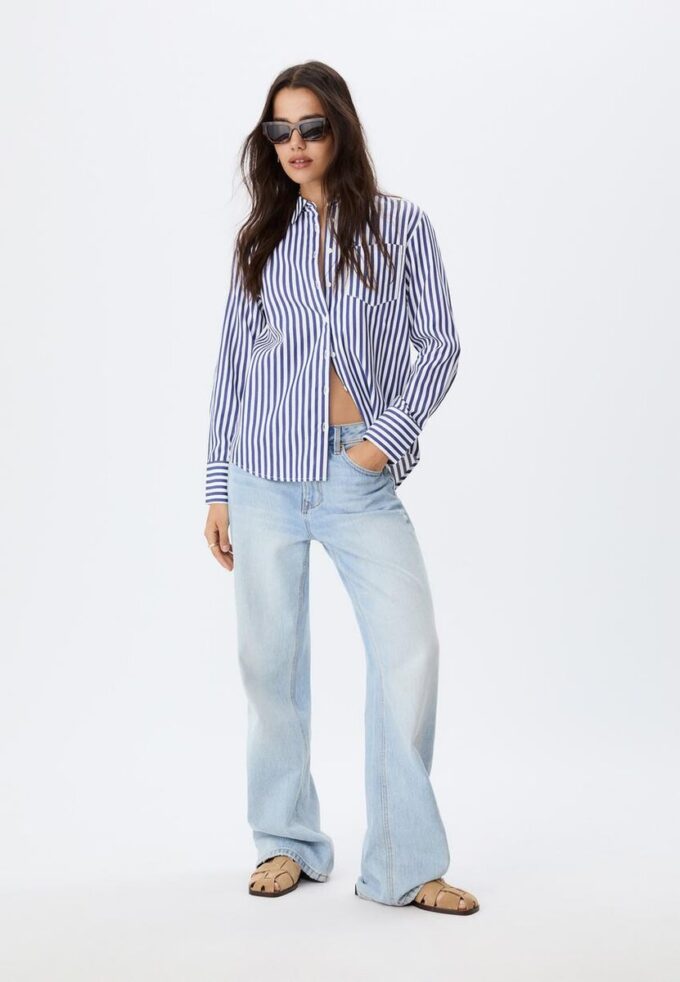Camisas básicas de popelín a rayas con bolsillo Camisas básicas de popelín a rayas con bolsillo