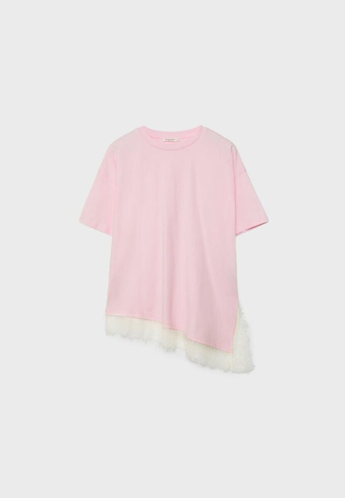 Camiseta de manga corta con dobladillo de encaje Camiseta de manga corta con dobladillo de encaje