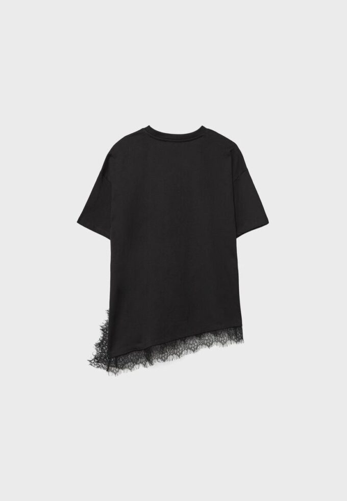 Camiseta de manga corta con dobladillo de encaje Camiseta de manga corta con dobladillo de encaje