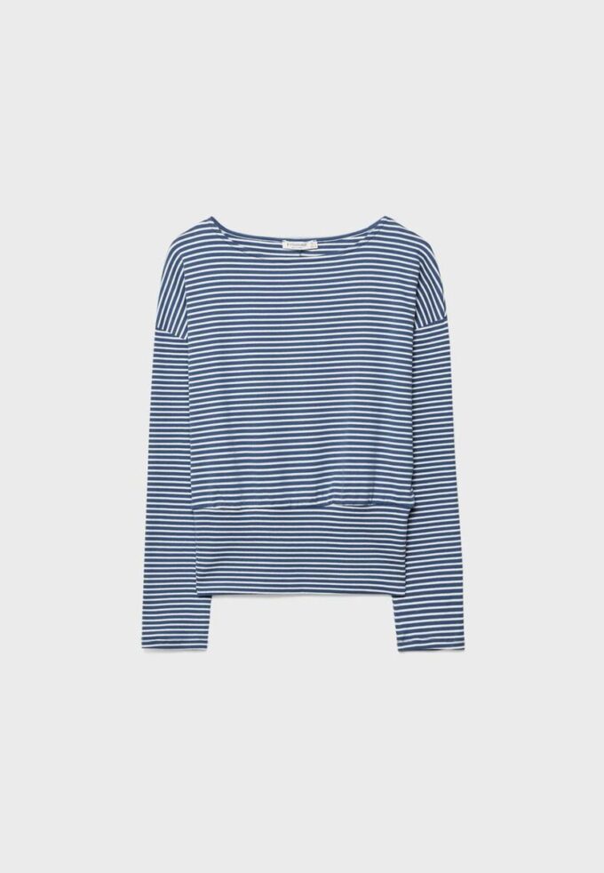 Camiseta de manga larga con cuello barco y faja a rayas Camiseta de manga larga con cuello barco y faja a rayas