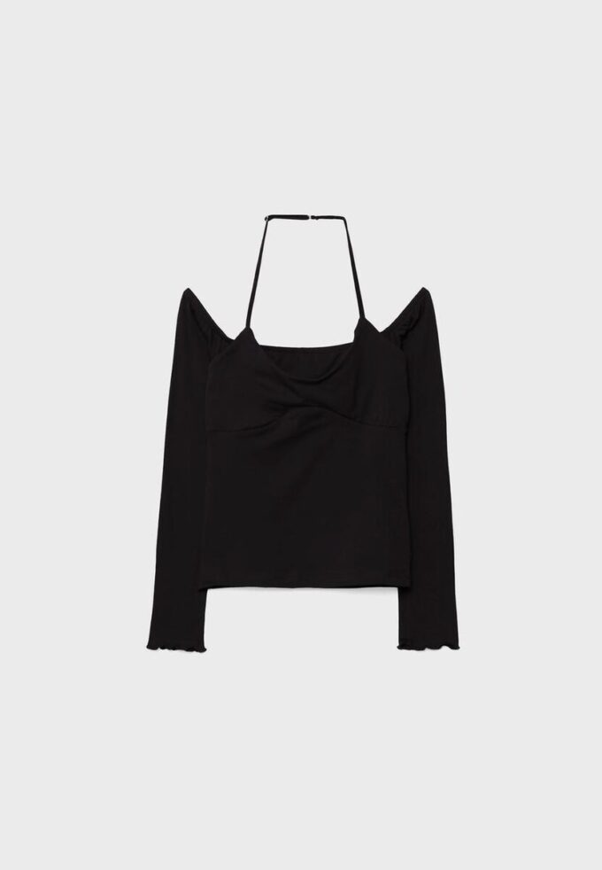 Camiseta de manga larga con cuello halter Camiseta de manga larga con cuello halter