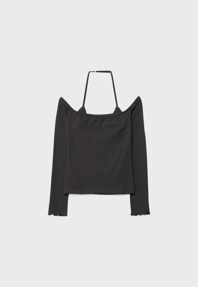 Camiseta de manga larga con cuello halter Camiseta de manga larga con cuello halter