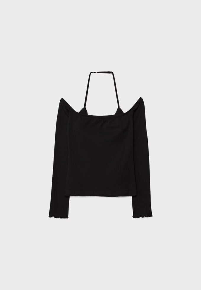 Camiseta de manga larga con cuello halter Camiseta de manga larga con cuello halter