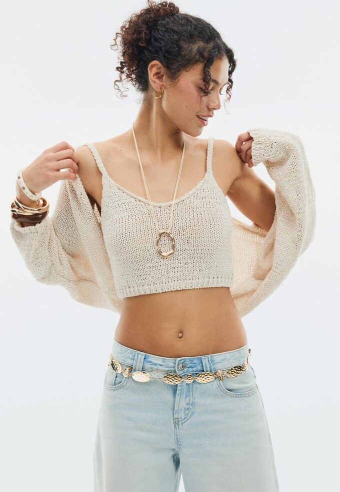Cardigan de punto con mangas murciélago y lazo