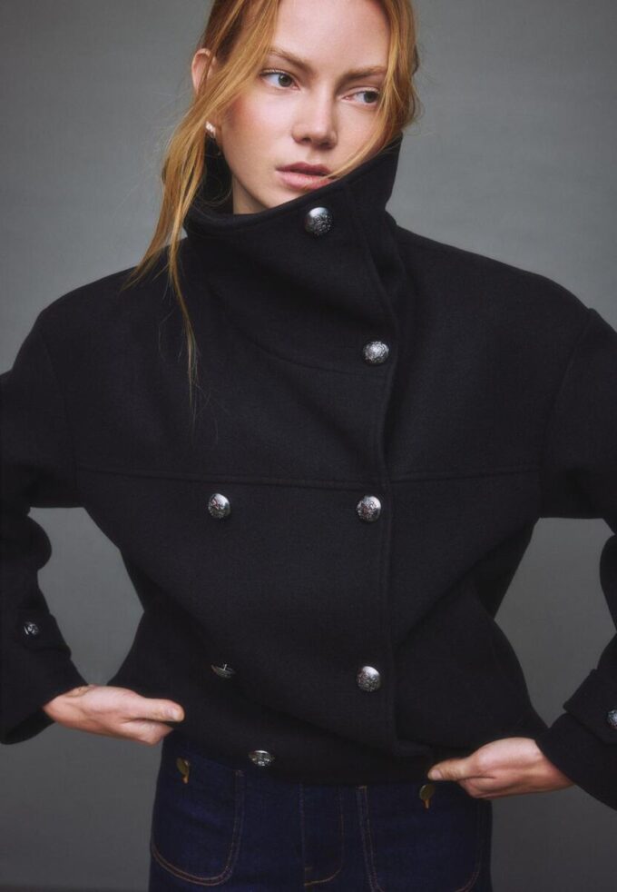 Chaqueta cruzada de cuello alto de tacto suave Chaqueta cruzada de cuello alto de tacto suave