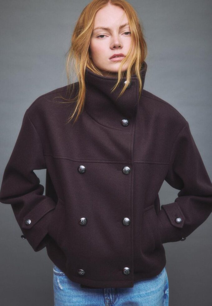 Chaqueta cruzada de cuello alto de tacto suave Chaqueta cruzada de cuello alto de tacto suave