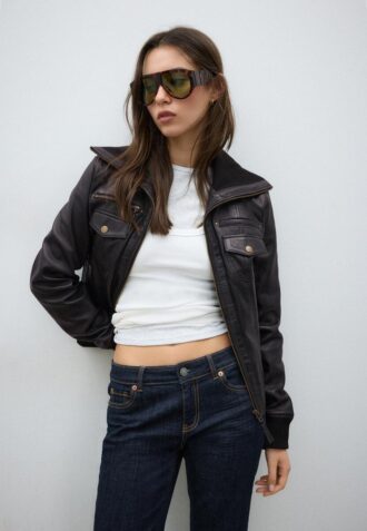 Chaqueta de piel combinada con canalé