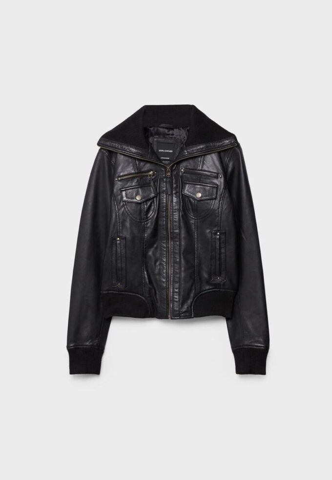 Chaqueta de piel combinada con canalé Chaqueta de piel combinada con canalé