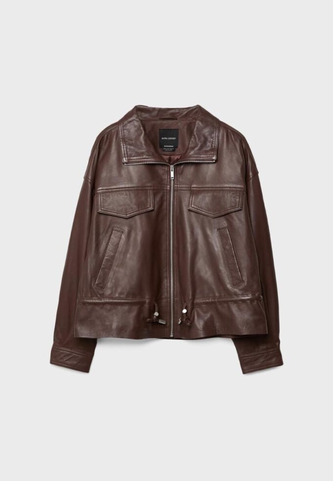 Chaqueta de piel con bolsillos y cintura ajustable Chaqueta de piel con bolsillos y cintura ajustable