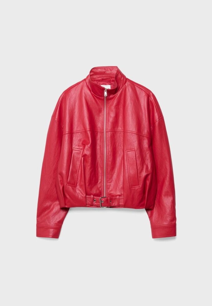 Chaqueta globo efecto piel con detalle de cinturón Chaqueta globo efecto piel con detalle de cinturón
