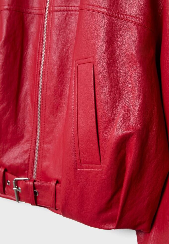 Chaqueta globo efecto piel con detalle de cinturón Chaqueta globo efecto piel con detalle de cinturón