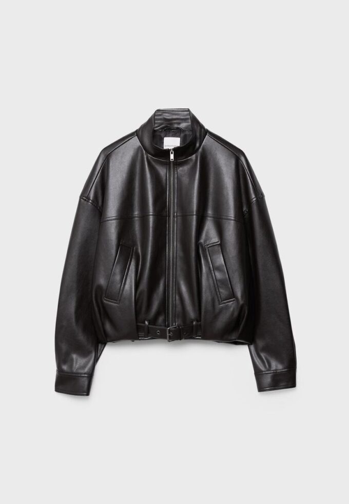 Chaqueta holgada efecto piel con cinturón Chaqueta holgada efecto piel con cinturón