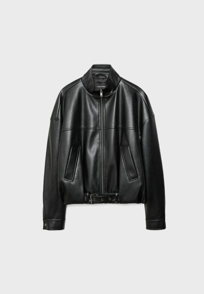Chaqueta holgada efecto piel con cinturón Chaqueta holgada efecto piel con cinturón