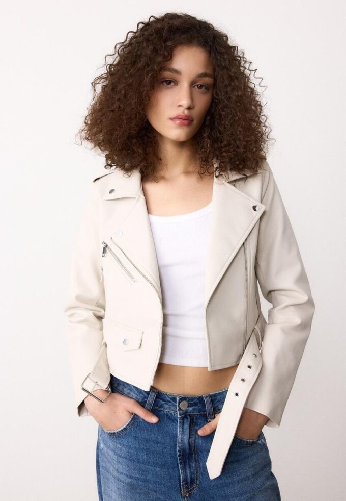 Chaqueta motera de imitación de piel con cinturón Chaqueta motera de imitación de piel con cinturón
