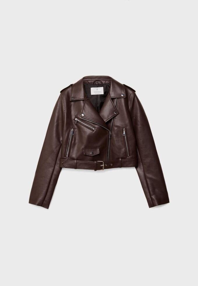 Chaqueta motera de imitación de piel con cinturón Chaqueta motera de imitación de piel con cinturón