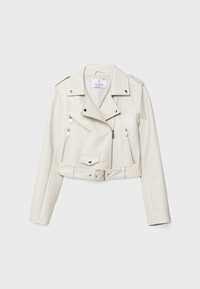 Chaqueta motera de imitación de piel con cinturón Chaqueta motera de imitación de piel con cinturón