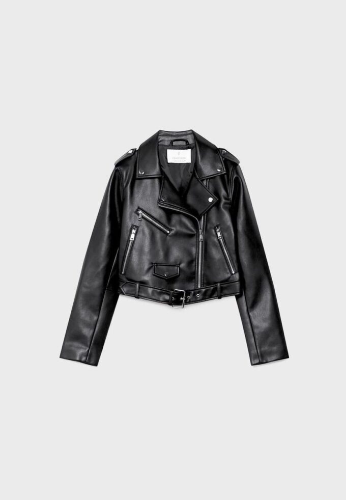 Chaqueta motera de imitación de piel con cinturón Chaqueta motera de imitación de piel con cinturón