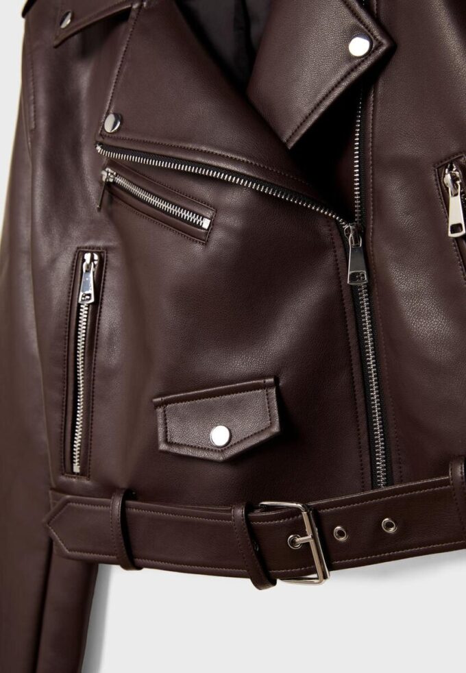 Chaqueta motera de imitación de piel con cinturón Chaqueta motera de imitación de piel con cinturón