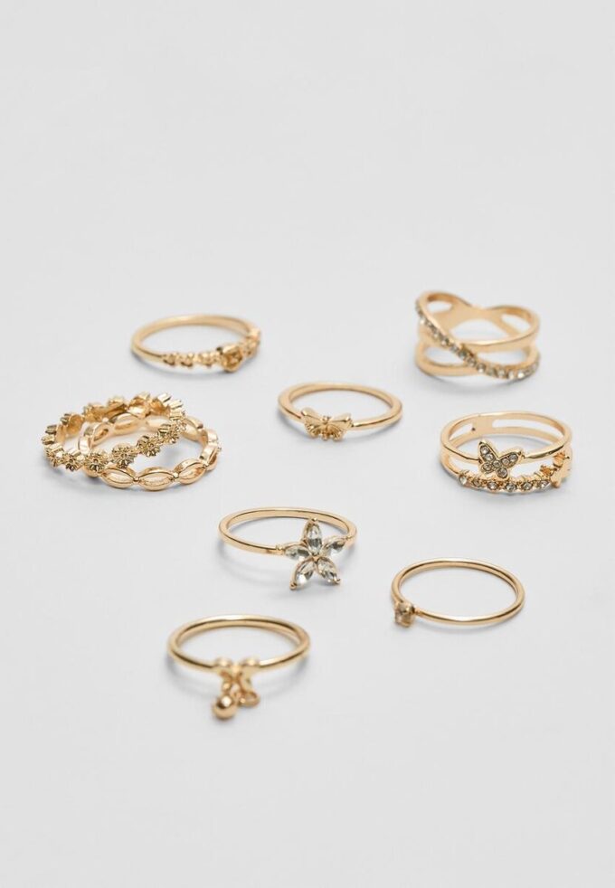 Conjunto de 9 anillos de mariposa y diamantes de imitación