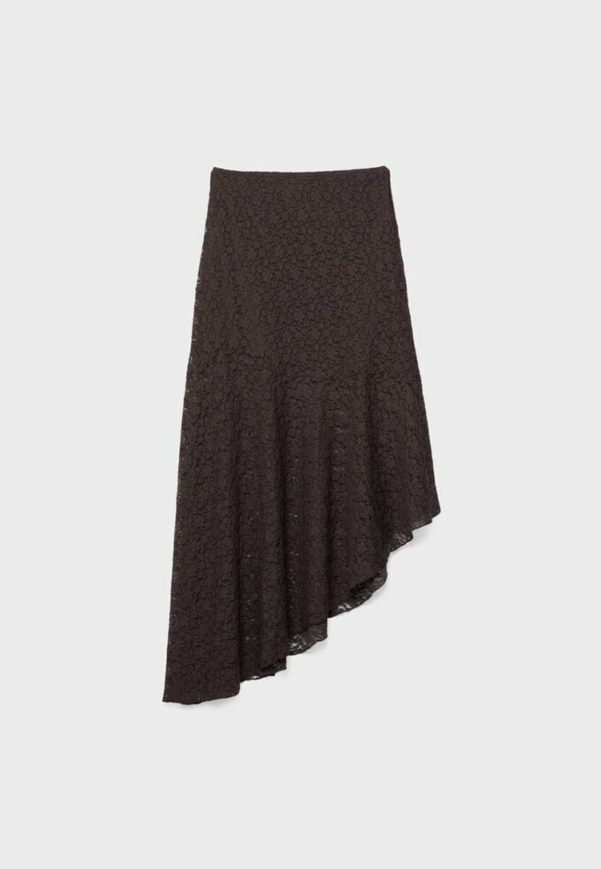Falda midi asimétrica de encaje Falda midi asimétrica de encaje