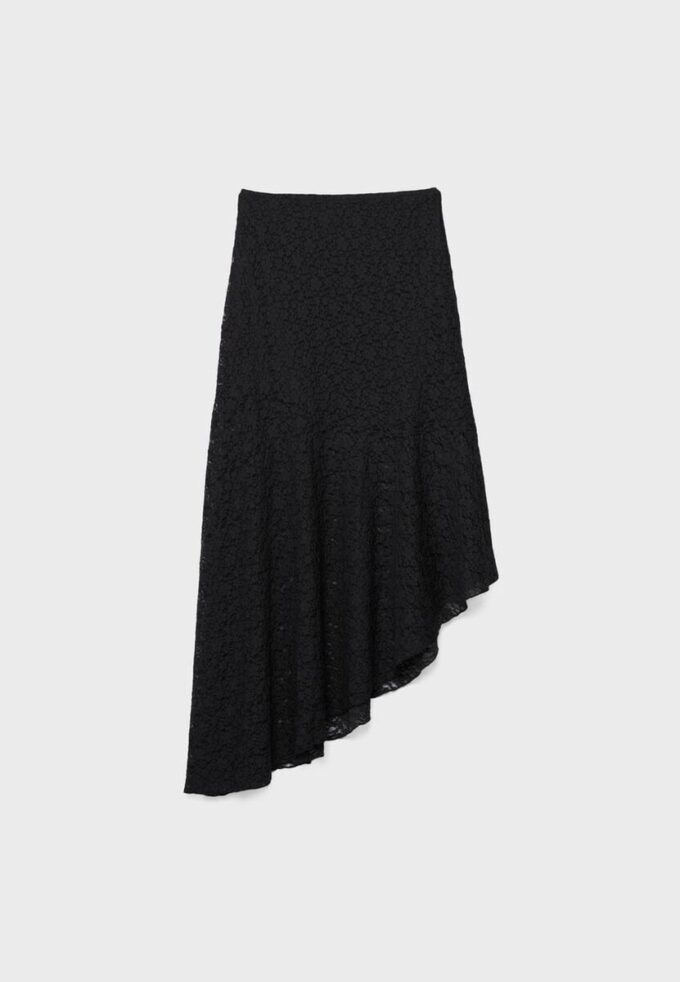 Falda midi asimétrica de encaje Falda midi asimétrica de encaje