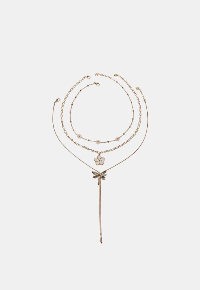 Juego de 3 collares con flores y libélulas