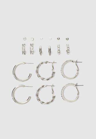 Juego de 9 aretes de aro con diamantes de imitación y perlas