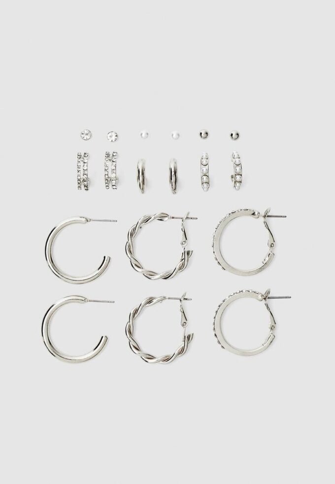 Juego de 9 aretes de aro con diamantes de imitación y perlas