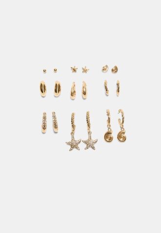 Juego de 9 aretes de estrella de mar con diamantes de imitación