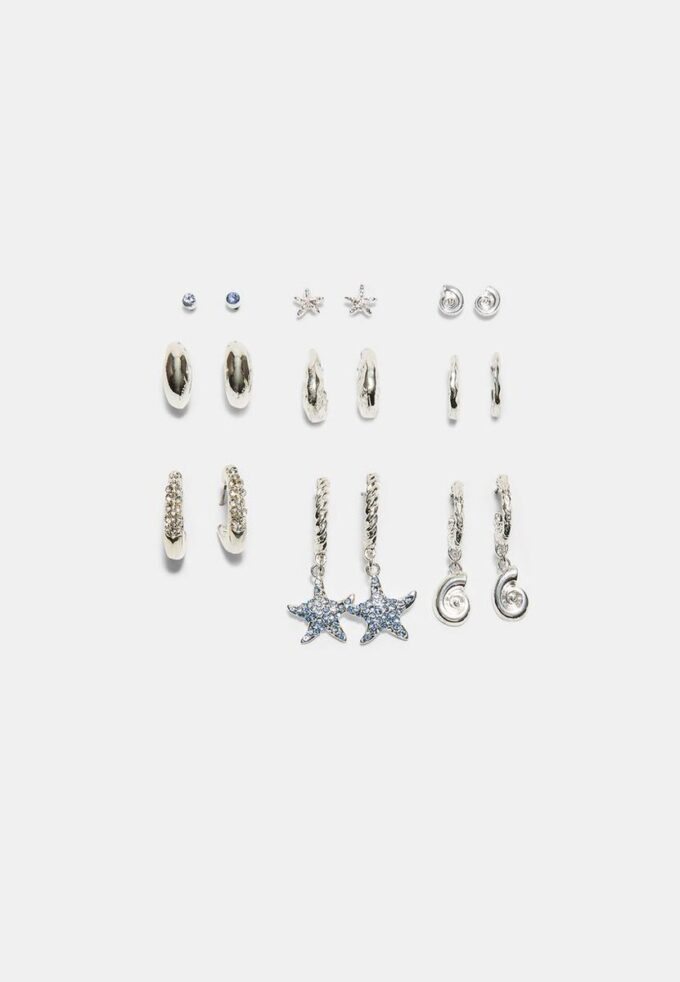 Juego de 9 aretes de estrella de mar con diamantes de imitación Juego de 9 aretes de estrella de mar con diamantes de imitación