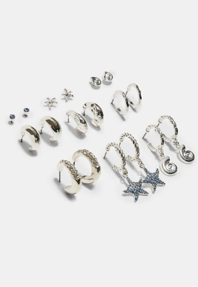 Juego de 9 aretes de estrella de mar con diamantes de imitación Juego de 9 aretes de estrella de mar con diamantes de imitación