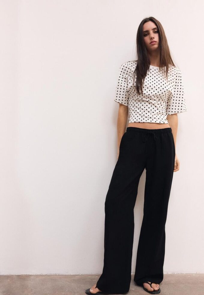 Pantalones con cordón efecto lino Pantalones con cordón efecto lino
