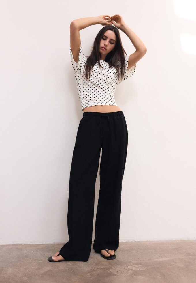 Pantalones con cordón efecto lino Pantalones con cordón efecto lino