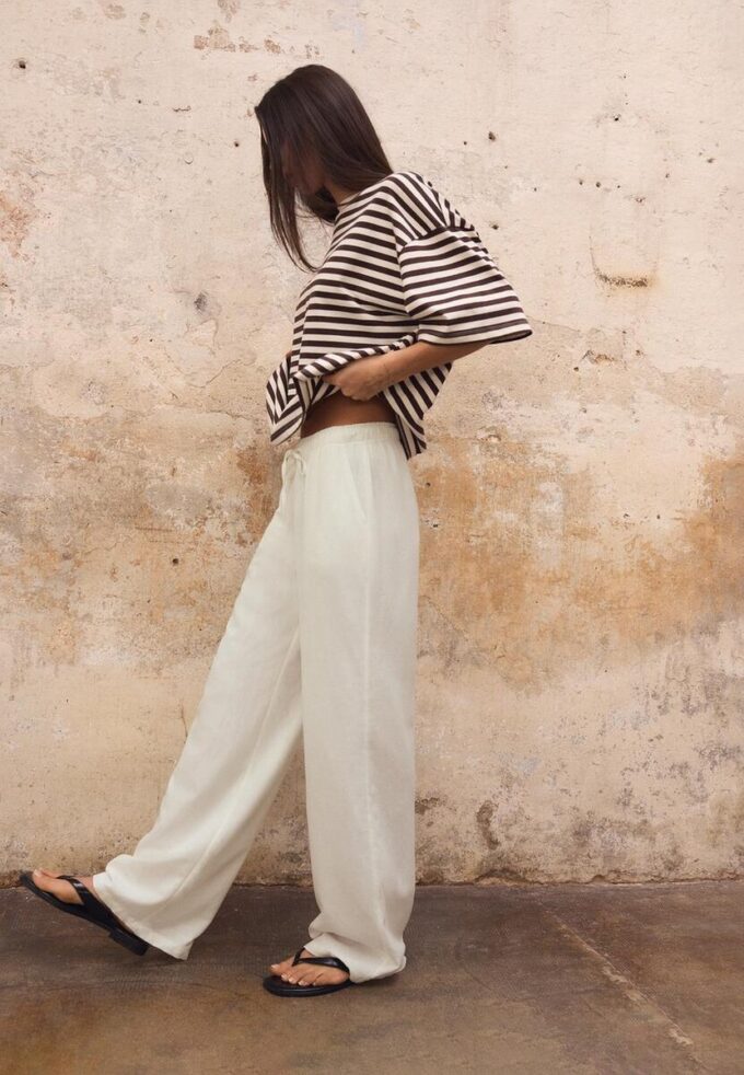 Pantalones con cordón efecto lino Pantalones con cordón efecto lino