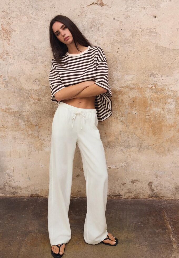 Pantalones con cordón efecto lino Pantalones con cordón efecto lino