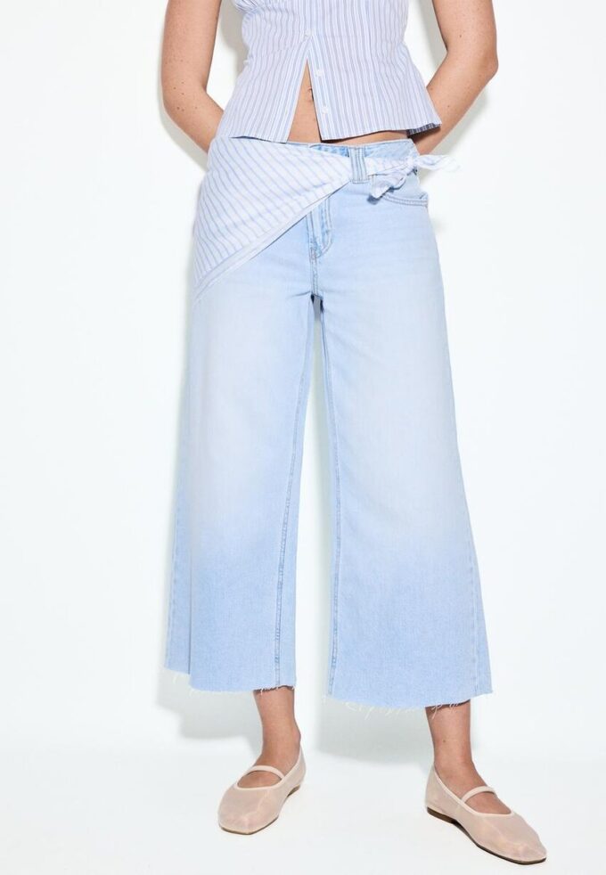 Pantalones culotte de mezclilla con detalle de pañuelo Pantalones culotte de mezclilla con detalle de pañuelo