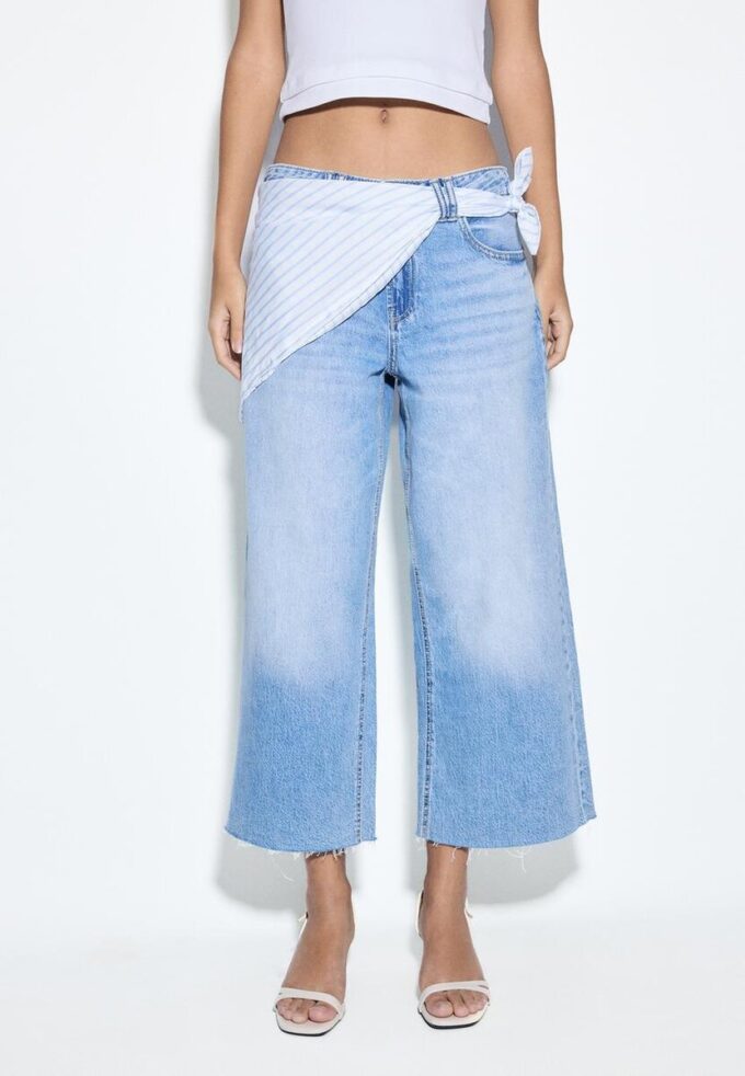Pantalones culotte de mezclilla con detalle de pañuelo Pantalones culotte de mezclilla con detalle de pañuelo