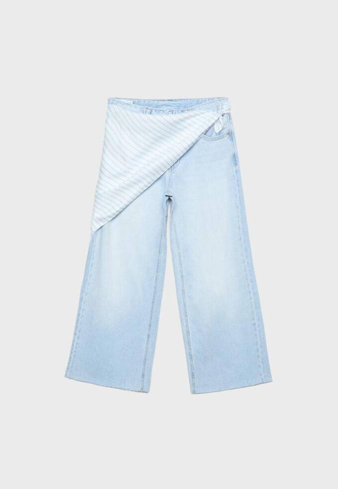 Pantalones culotte de mezclilla con detalle de pañuelo Pantalones culotte de mezclilla con detalle de pañuelo