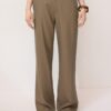 Pantalones de pierna recta con efecto lino y cinturón Pantalones de pierna recta con efecto lino y cinturón