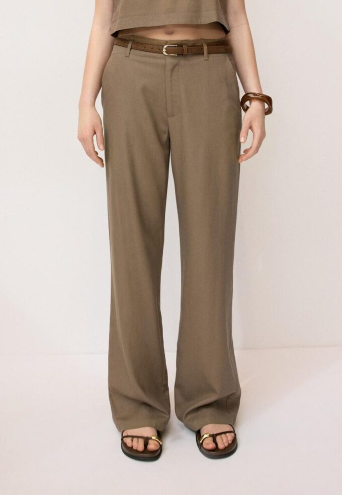 Pantalones de pierna recta con efecto lino y cinturón Pantalones de pierna recta con efecto lino y cinturón