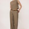 Pantalones de pierna recta con efecto lino y cinturón Pantalones de pierna recta con efecto lino y cinturón