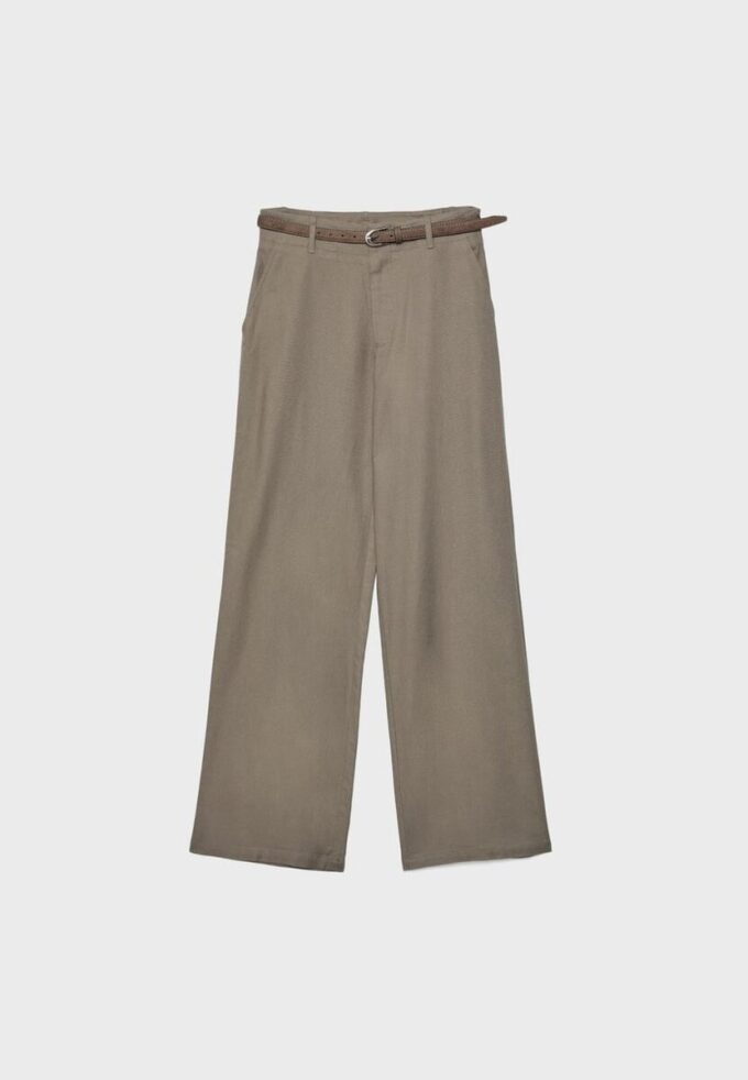 Pantalones de pierna recta con efecto lino y cinturón Pantalones de pierna recta con efecto lino y cinturón