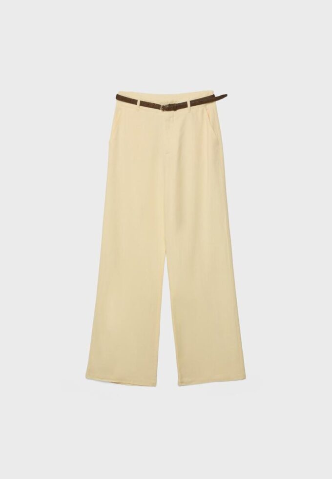 Pantalones de pierna recta con efecto lino y cinturón Pantalones de pierna recta con efecto lino y cinturón
