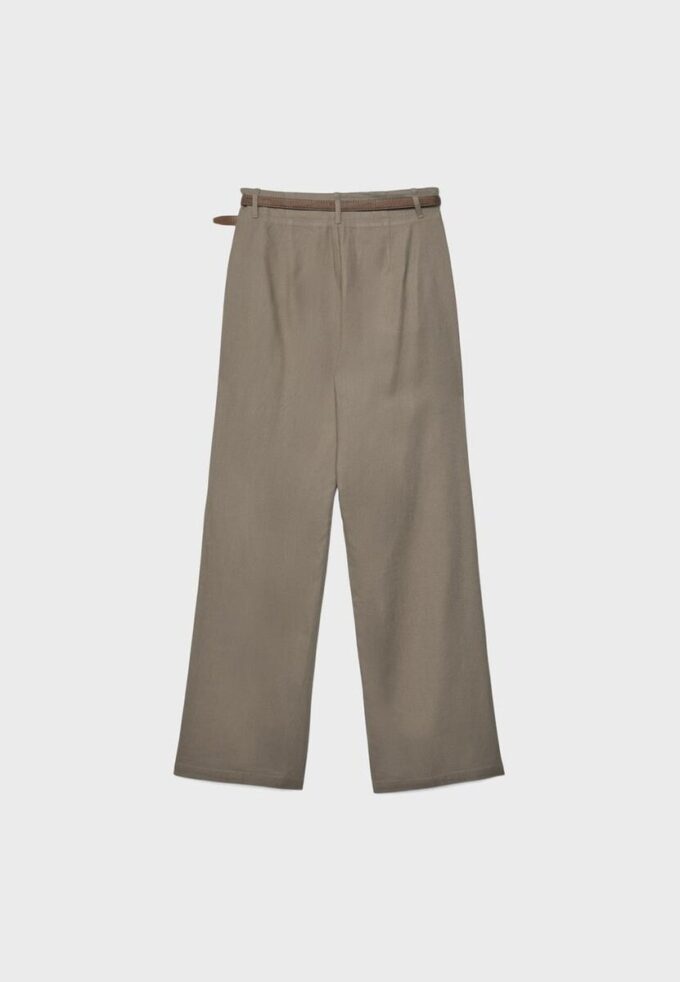 Pantalones de pierna recta con efecto lino y cinturón Pantalones de pierna recta con efecto lino y cinturón